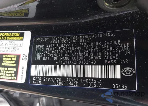 2023 Toyota Camry Se Night Shade/Se from USA, damaged, VIN 4T1G11AK2PU152149